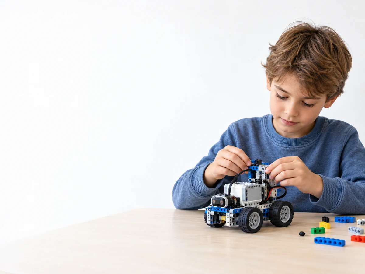Ребёнок собирает LEGO-робота за столом